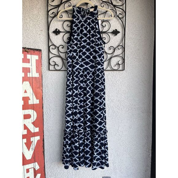Michael Kors Jacquard Print Midi Halter Dress - Size Large - Navy Blue/ White - Picture 3 of 11